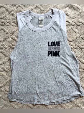 VS PINK Women’s Cut Off Tank - Open Sides Graphic Print Workout Top, Size M